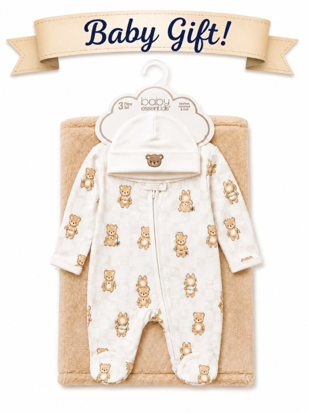 NWT Baby Essentials 3 Piece Baby Shower Gift Set Baby Boy Teddy Bear Blanket